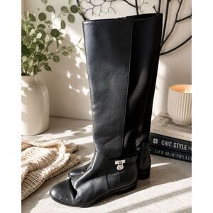 Michael Kors Logo Black Leather Knee High Riding Boots Womens Size 7 Zip Classic